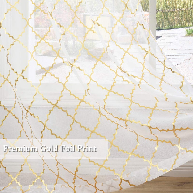 Kotile Gold White Sheer Curtains 95 Inch Length 2 Panels Metallic Foil Print Shimmer Sheer Curtains for Living Room, Grommet Privacy Light Filtering Elegant Window Curtains, W52 x L95 Inch - Image 4